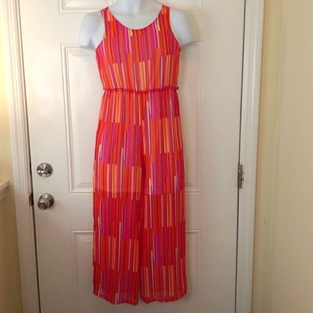 Rare Editions girl's pink white and orange stripe sleeveless jumpsuit